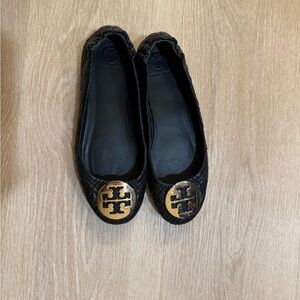 Tory Burch Black Flats with Gold Logo